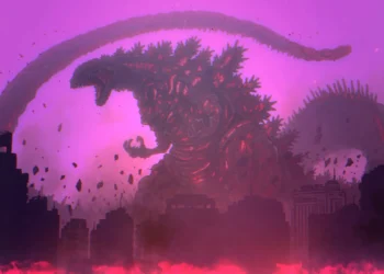 Godzilla Ultima towering over a destroyed city with massive spiked scales, a giant curved tail, flying debris, and a glowing purple-pink apocalyptic sky in a sci-fi live wallpaper.