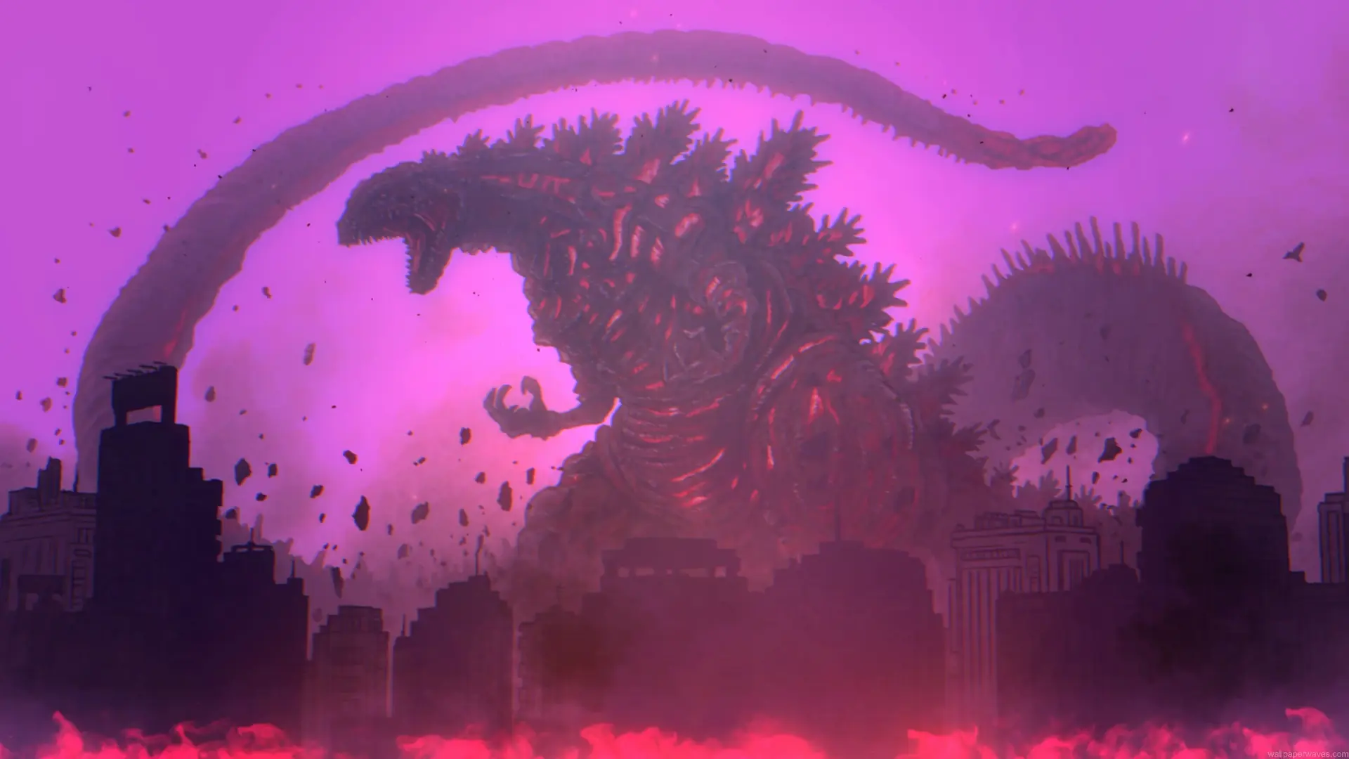 Godzilla Ultima towering over a destroyed city with massive spiked scales, a giant curved tail, flying debris, and a glowing purple-pink apocalyptic sky in a sci-fi live wallpaper.