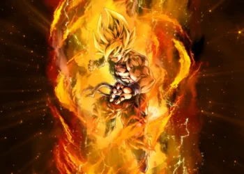 Goku Super Saiyan Dragon Ball Z Live Wallpaper 8 Super Saiyan Goku from Dragon Ball Z with spiky golden hair and a powerful fighting pose surrounded by blazing orange flames, golden energy, and crackling lightning in an anime live wallpaper.