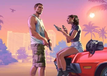 GTA 6 Jason and Lucia beside a red muscle car holding guns against a vibrant pink-orange Vice City sunset with palm trees and city buildings in a live wallpaper.