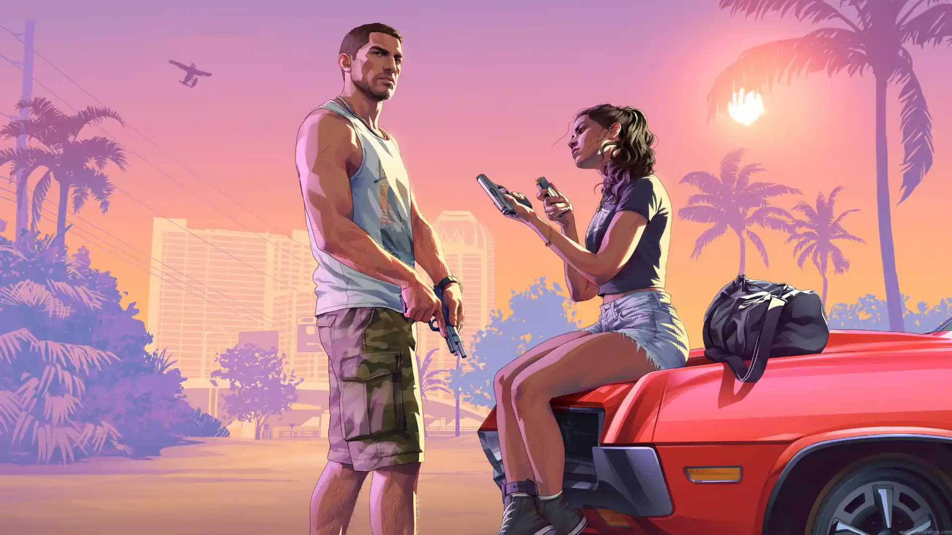 GTA 6 Jason and Lucia beside a red muscle car holding guns against a vibrant pink-orange Vice City sunset with palm trees and city buildings in a live wallpaper.