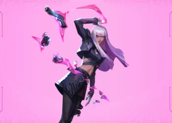 Hush Valorant Pink Background Live Wallpaper 9 Hush from Valorant with long silver-purple hair, a black tactical outfit, floating weapons, and glowing pink energy against a vibrant pink background in a live wallpaper.