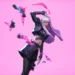 Hush Valorant Pink Background Live Wallpaper 10 Hush from Valorant with long silver-purple hair, a black tactical outfit, floating weapons, and glowing pink energy against a vibrant pink background in a live wallpaper.