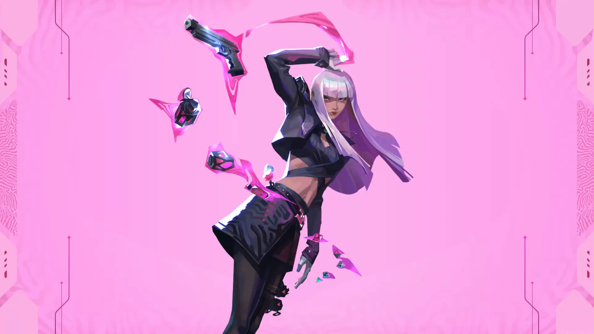 Hush from Valorant with long silver-purple hair, a black tactical outfit, floating weapons, and glowing pink energy against a vibrant pink background in a live wallpaper.