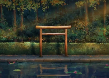 Traditional wooden Japanese torii gate standing beside a peaceful pond with pink lotus flowers, lush green forest trees, and warm sunlight reflecting on the water in a relaxing live wallpaper.