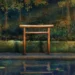 Traditional wooden Japanese torii gate standing beside a peaceful pond with pink lotus flowers, lush green forest trees, and warm sunlight reflecting on the water in a relaxing live wallpaper.