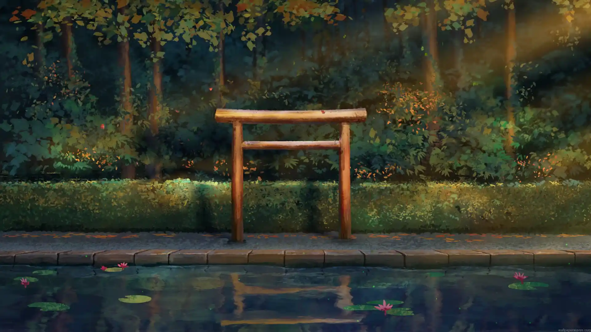 Traditional wooden Japanese torii gate standing beside a peaceful pond with pink lotus flowers, lush green forest trees, and warm sunlight reflecting on the water in a relaxing live wallpaper.