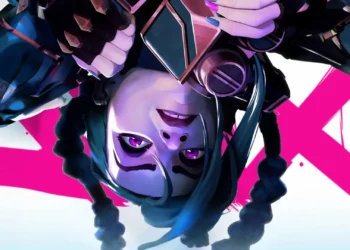 Jinx Arcane Upside Down Live Wallpaper 6 Jinx from Arcane and League of Legends hanging upside down with glowing purple eyes, long blue braids, and a mischievous smile against a vibrant pink and white background in a 4K live wallpaper.