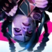 Jinx Arcane Upside Down Live Wallpaper 10 Jinx from Arcane and League of Legends hanging upside down with glowing purple eyes, long blue braids, and a mischievous smile against a vibrant pink and white background in a 4K live wallpaper.