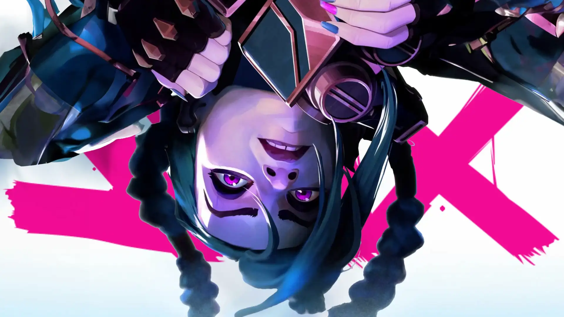 Jinx from Arcane and League of Legends hanging upside down with glowing purple eyes, long blue braids, and a mischievous smile against a vibrant pink and white background in a 4K live wallpaper.