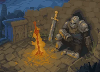 Armored medieval knight resting beside a glowing orange bonfire on an ancient stone fortress rooftop, with a sword leaning against the wall and distant castle towers beneath a blue evening sky in retro pixel art style live wallpaper