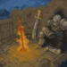Armored medieval knight resting beside a glowing orange bonfire on an ancient stone fortress rooftop, with a sword leaning against the wall and distant castle towers beneath a blue evening sky in retro pixel art style live wallpaper