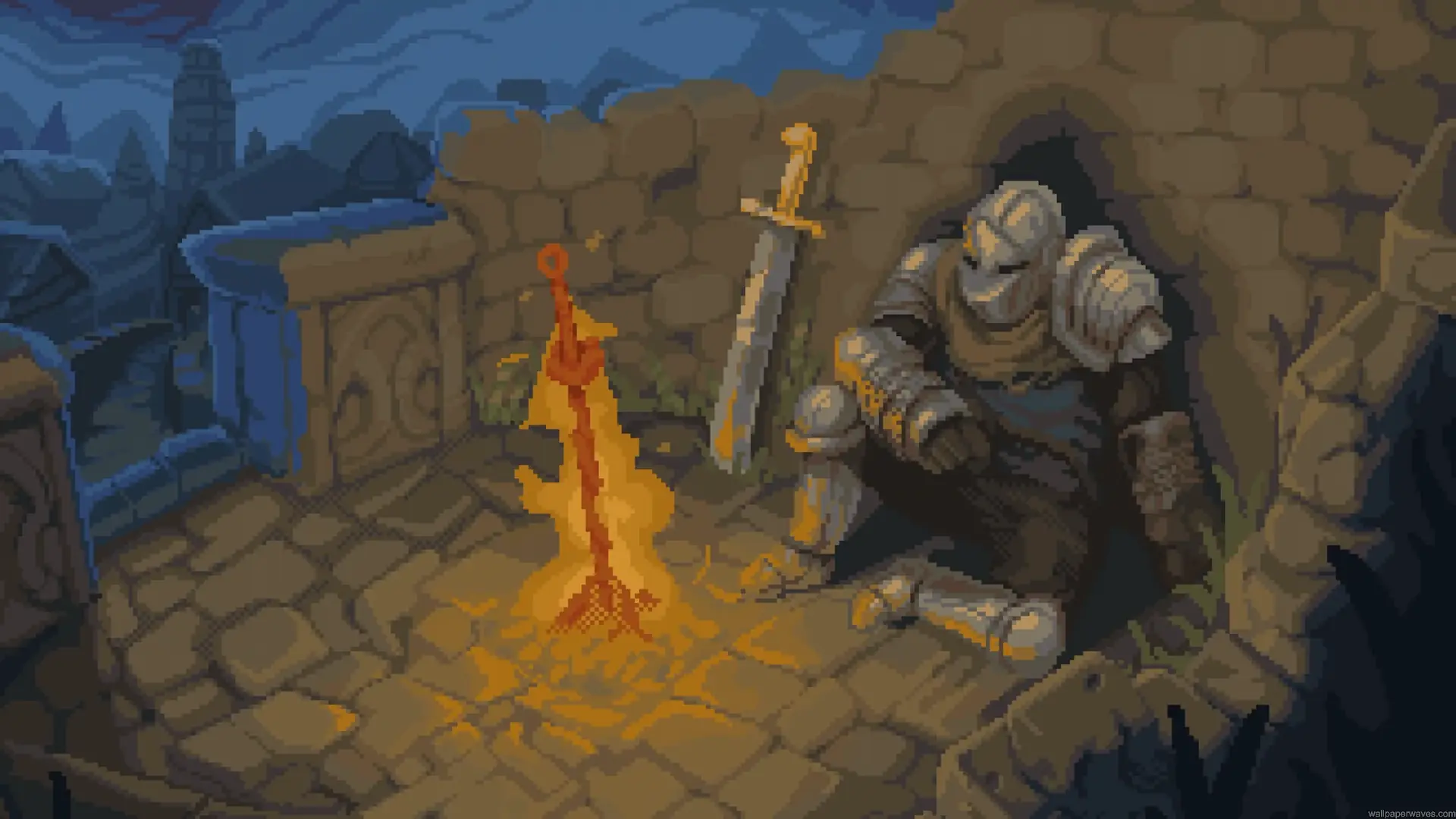 Armored medieval knight resting beside a glowing orange bonfire on an ancient stone fortress rooftop, with a sword leaning against the wall and distant castle towers beneath a blue evening sky in retro pixel art style live wallpaper