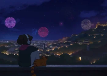 LoFi Girl and Cat Fireworks Night Live Wallpaper 9 LoFi girl with headphones and cat watching colorful fireworks over a glowing city at night live wallpaper