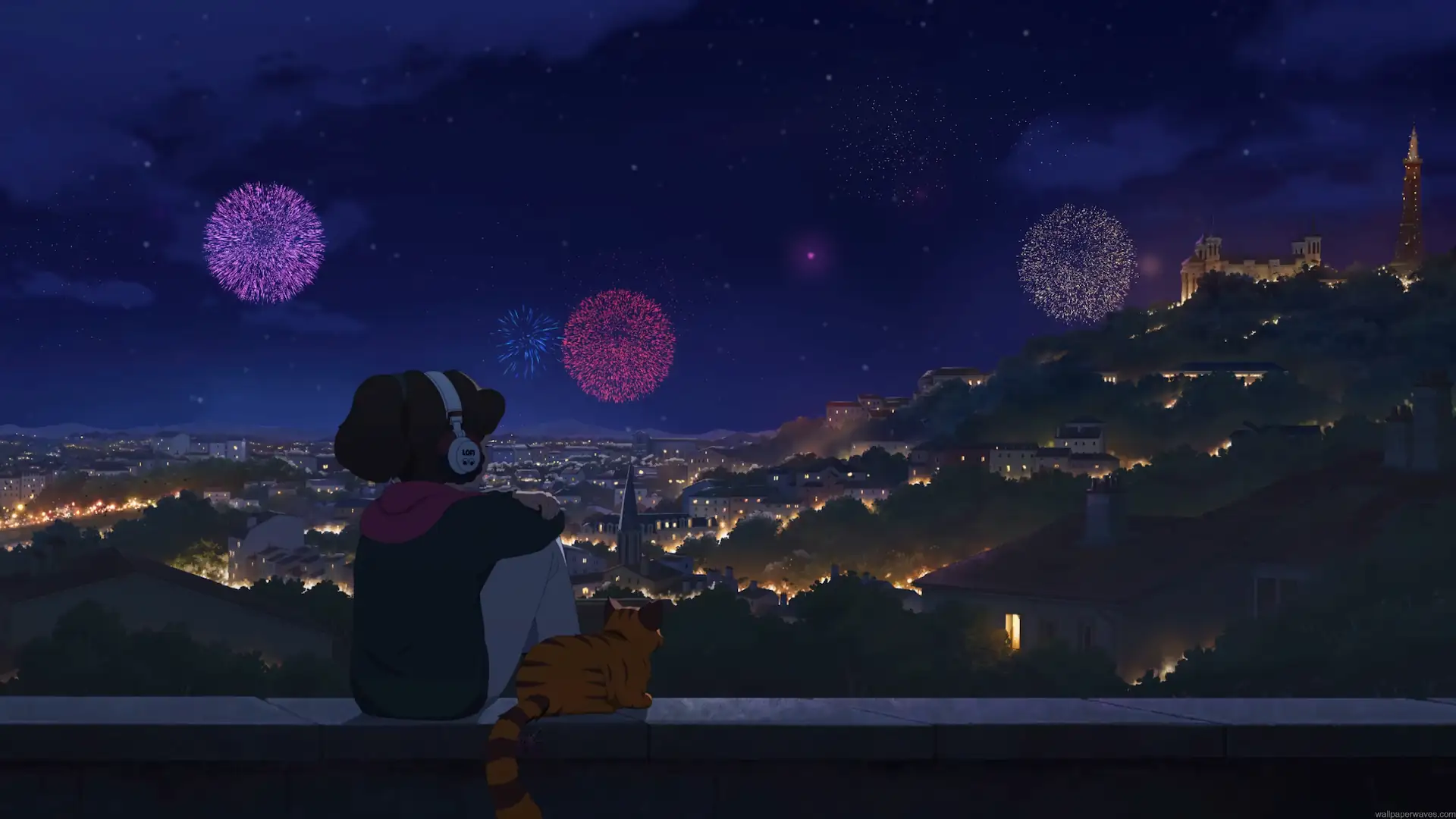 LoFi girl with headphones and cat watching colorful fireworks over a glowing city at night live wallpaper
