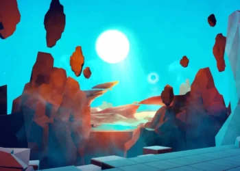 Low poly floating islands with rocky cliffs and glowing sun in a bright cyan fantasy sky live wallpaper