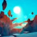Low poly floating islands with rocky cliffs and glowing sun in a bright cyan fantasy sky live wallpaper