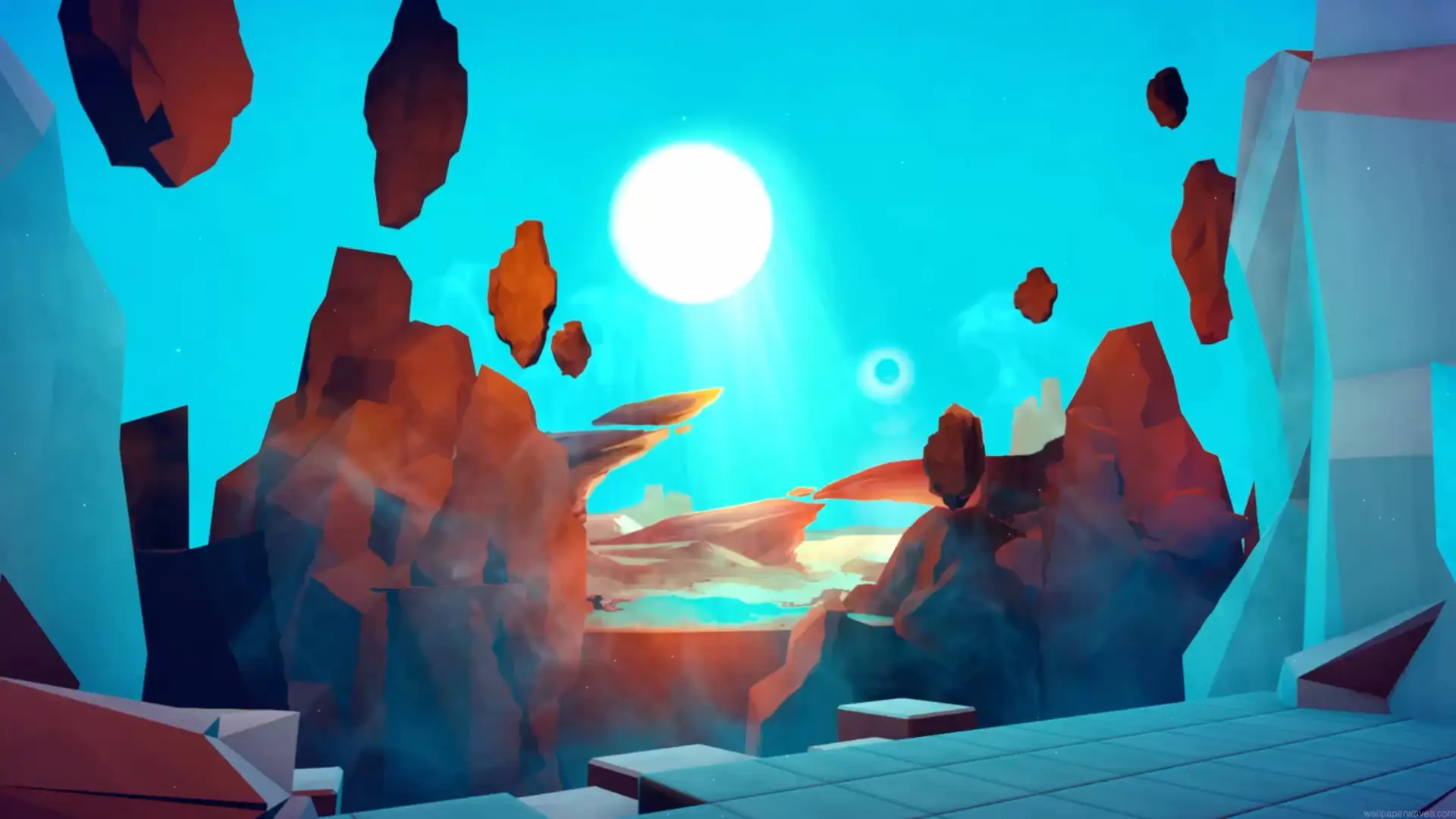 Low poly floating islands with rocky cliffs and glowing sun in a bright cyan fantasy sky live wallpaper