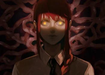 Makima Chainsaw Man Glowing Eyes Live Wallpaper 7 Makima from Chainsaw Man with glowing golden spiral eyes surrounded by dark twisted organic forms live wallpaper
