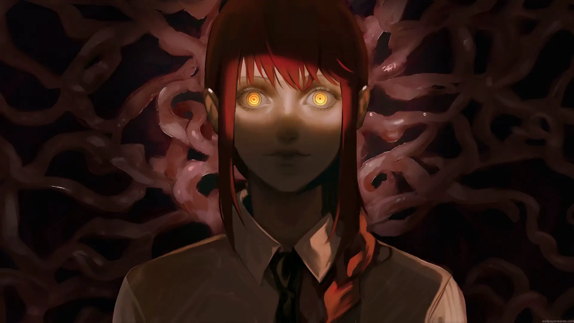 Makima from Chainsaw Man with glowing golden spiral eyes surrounded by dark twisted organic forms live wallpaper