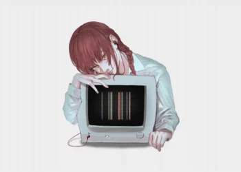 Makima Chainsaw Man Retro Computer Live Wallpaper 9 Makima from Chainsaw Man with reddish-brown braided hair and golden eyes leaning over a vintage CRT computer monitor displaying colorful vertical glitch lines, wearing a pale blue shirt against a minimalist white background in an anime live wallpaper.
