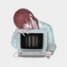 Makima from Chainsaw Man with reddish-brown braided hair and golden eyes leaning over a vintage CRT computer monitor displaying colorful vertical glitch lines, wearing a pale blue shirt against a minimalist white background in an anime live wallpaper.
