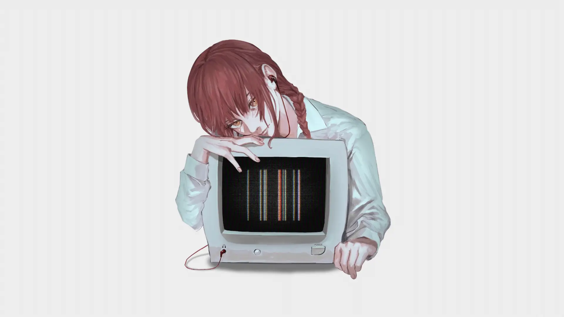 Makima from Chainsaw Man with reddish-brown braided hair and golden eyes leaning over a vintage CRT computer monitor displaying colorful vertical glitch lines, wearing a pale blue shirt against a minimalist white background in an anime live wallpaper.