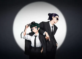 Maomao and Jinshi from The Apothecary Diaries wearing stylish black suits and ties, with Maomao lifting her sunglasses and Jinshi posing in dark sunglasses against a glowing white circular backdrop in a minimalist anime live wallpaper.