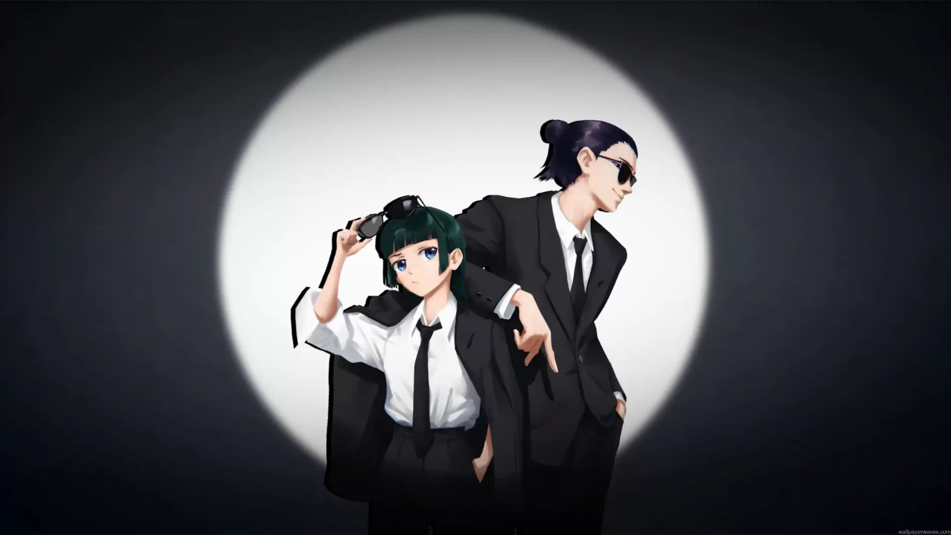 Maomao and Jinshi from The Apothecary Diaries wearing stylish black suits and ties, with Maomao lifting her sunglasses and Jinshi posing in dark sunglasses against a glowing white circular backdrop in a minimalist anime live wallpaper.
