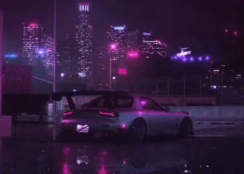 Silver Mazda RX-7 FD with a large rear wing parked on a rainy street beneath purple neon city lights live wallpaper