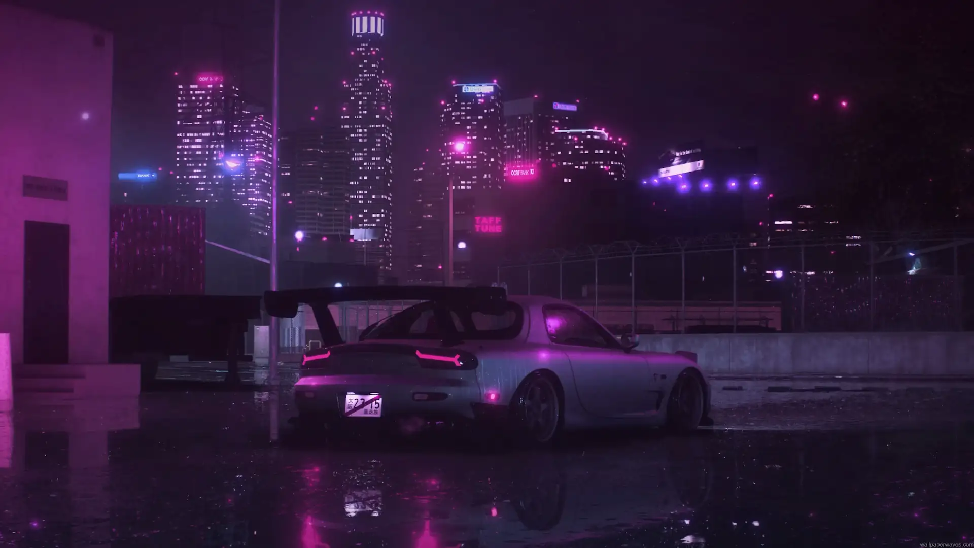 Silver Mazda RX-7 FD with a large rear wing parked on a rainy street beneath purple neon city lights live wallpaper