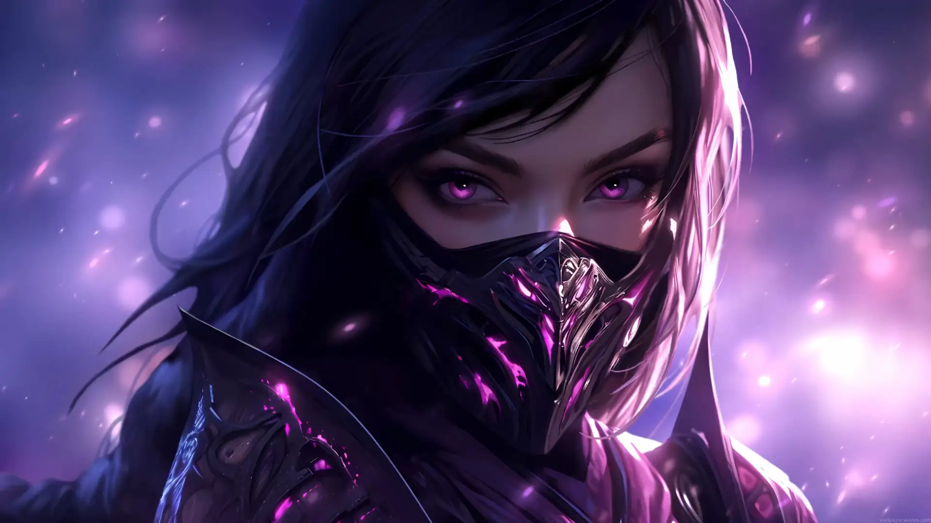 Mileena from Mortal Kombat with glowing purple eyes, flowing black hair, an ornate metallic face mask, and dark armor surrounded by purple lighting and floating particles in a cinematic live wallpaper