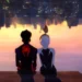 Miles Morales and Gwen Upside Down City Live Wallpaper 10 Miles Morales in his black and red Spider-Man suit sitting beside Gwen Stacy in her white Spider-Gwen outfit beneath an upside-down city skyline at sunset in a 4K live wallpaper.