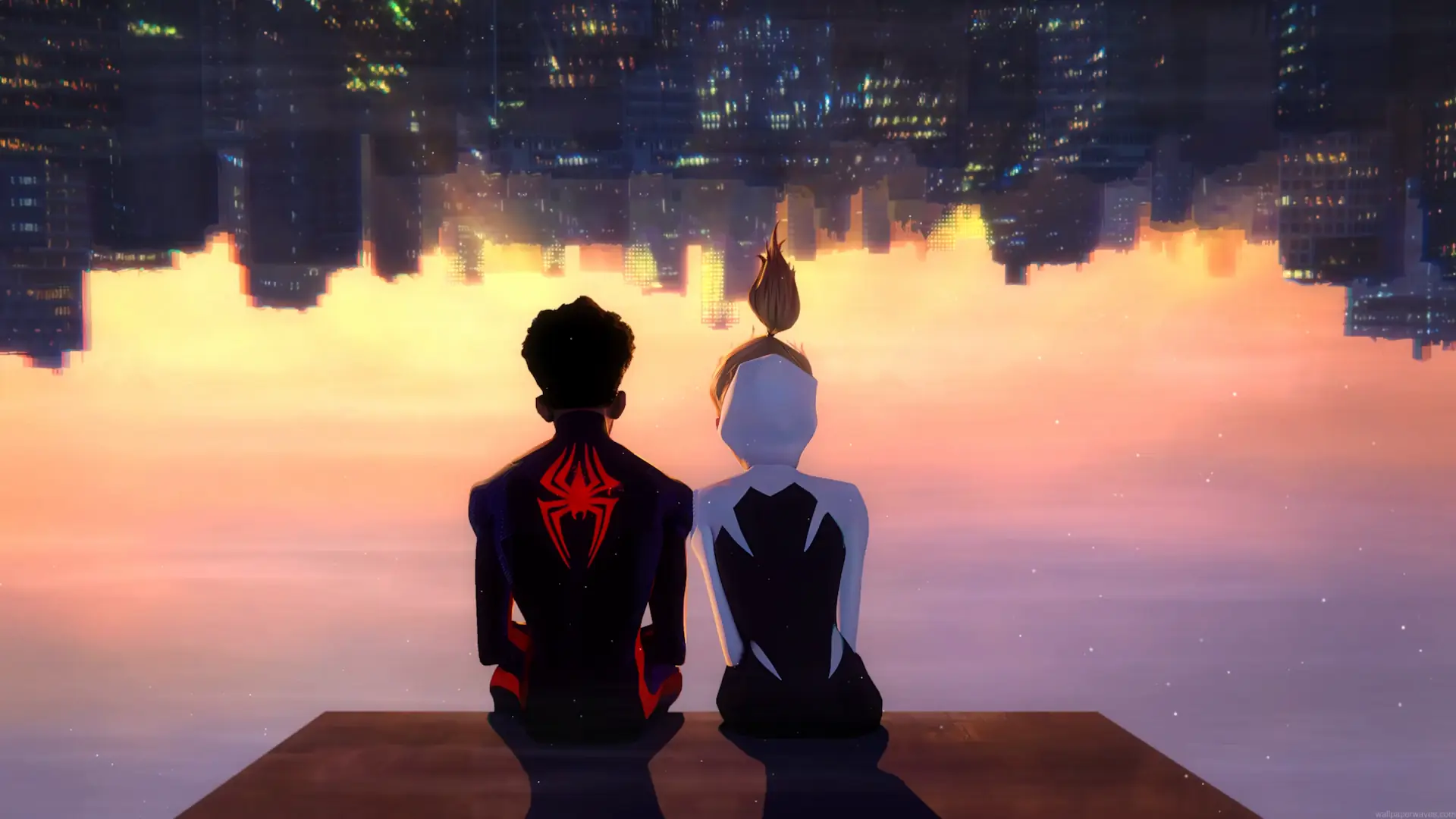Miles Morales in his black and red Spider-Man suit sitting beside Gwen Stacy in her white Spider-Gwen outfit beneath an upside-down city skyline at sunset in a 4K live wallpaper.