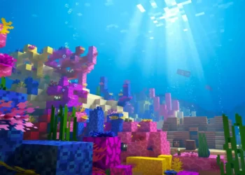 Minecraft Colorful Coral Reef Live Wallpaper 6 Minecraft underwater coral reef featuring vibrant pink, purple, blue, and yellow coral blocks, green seagrass, rising bubbles, and bright sunlight shining through clear tropical ocean water in a colorful Minecraft live wallpaper