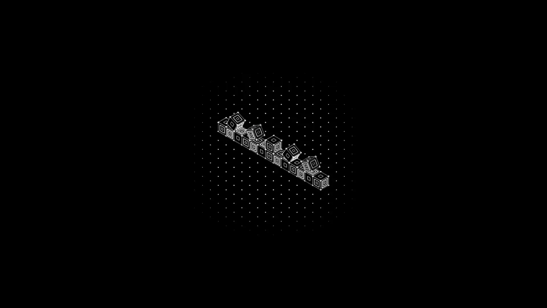 Minimalist black and white geometric cubes with intricate square patterns arranged on a dotted grid against a dark background live wallpaper