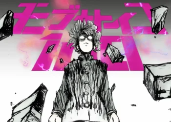 Shigeo Kageyama from Mob Psycho 100 with glowing white eyes, floating rocks, purple psychic lightning, and bold pink Japanese lettering in a black-and-white manga style live wallpaper