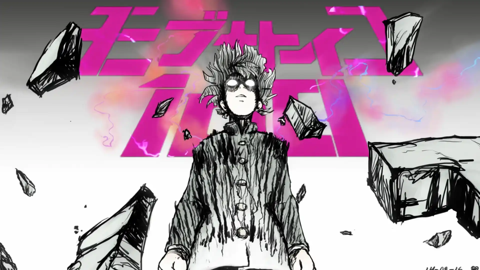 Shigeo Kageyama from Mob Psycho 100 with glowing white eyes, floating rocks, purple psychic lightning, and bold pink Japanese lettering in a black-and-white manga style live wallpaper