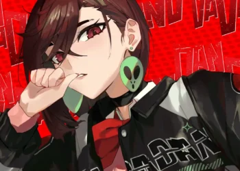 Momo Ayase Dandadan Live Wallpaper 1 Momo Ayase from Dandadan featuring reddish-brown eyes, dark hair, green alien earrings, a black jacket, and a red comic-style background in a vibrant anime live wallpaper