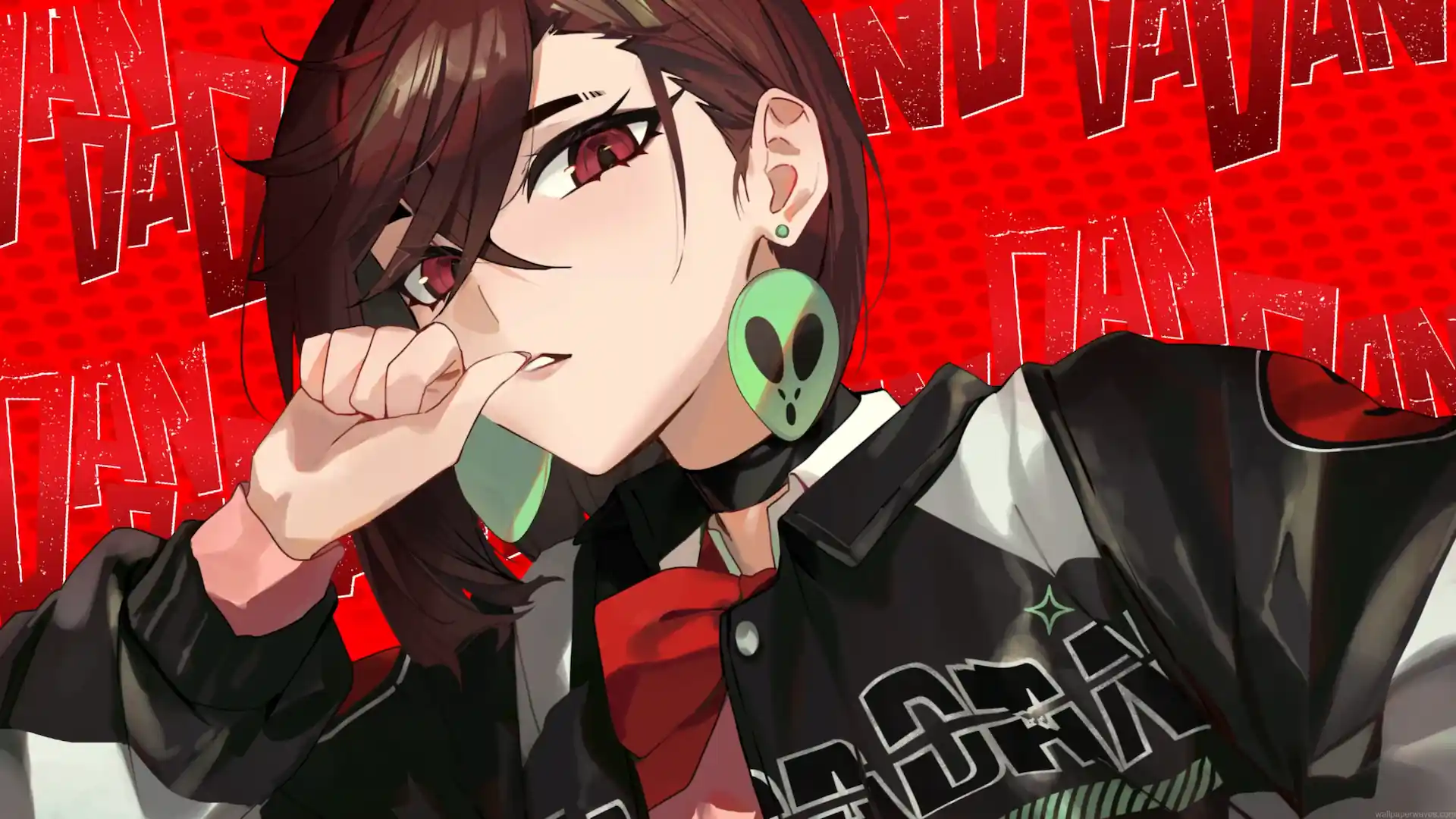 Momo Ayase from Dandadan featuring reddish-brown eyes, dark hair, green alien earrings, a black jacket, and a red comic-style background in a vibrant anime live wallpaper