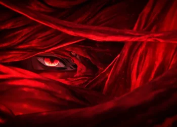 Muzan Kibutsuji Red Eye Demon Slayer Live Wallpaper 3 Muzan Kibutsuji from Demon Slayer revealing a glowing crimson red eye through twisted dark red flesh-like tendrils in a sinister anime live wallpaper.