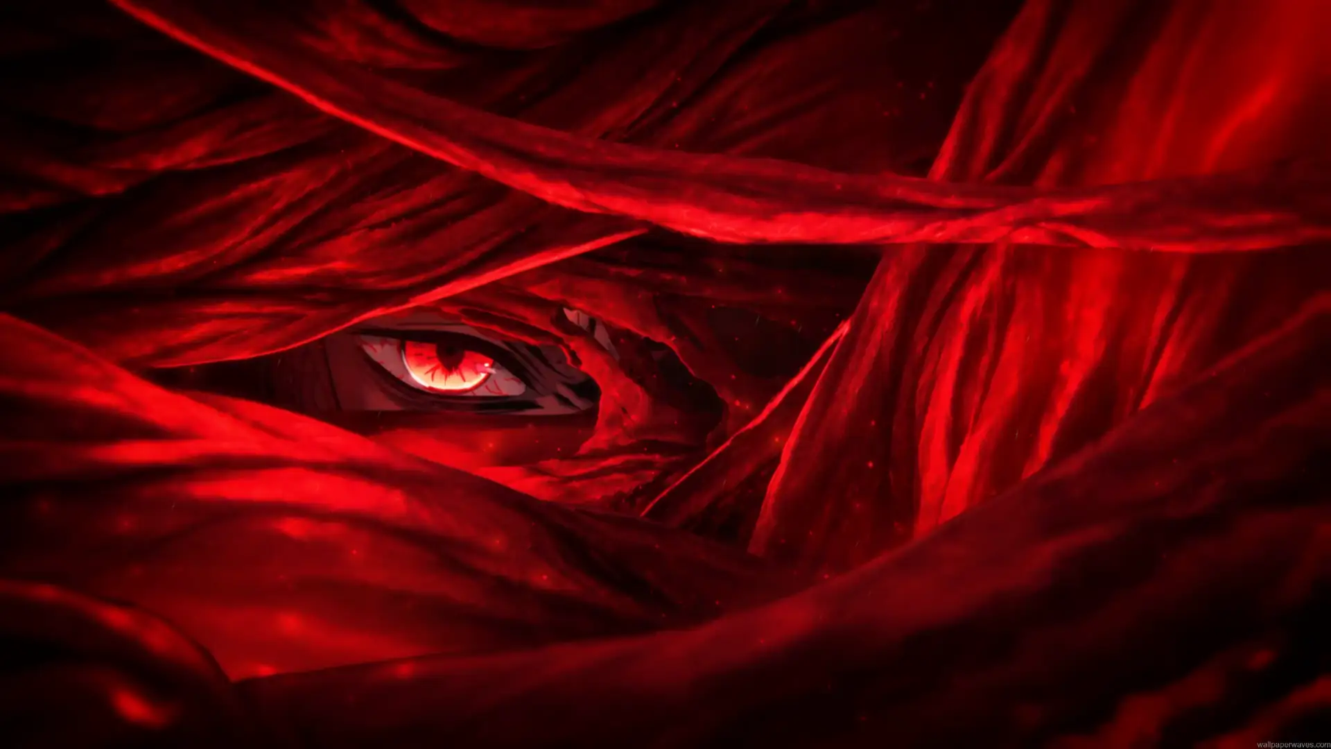Muzan Kibutsuji from Demon Slayer revealing a glowing crimson red eye through twisted dark red flesh-like tendrils in a sinister anime live wallpaper.