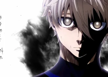 Nagi Seishiro from Blue Lock anime in an intense close-up featuring messy silver-white hair, piercing gray eyes, dramatic black shadows covering half his face, a dark Blue Lock uniform, and swirling black smoke against a white background live wallpaper