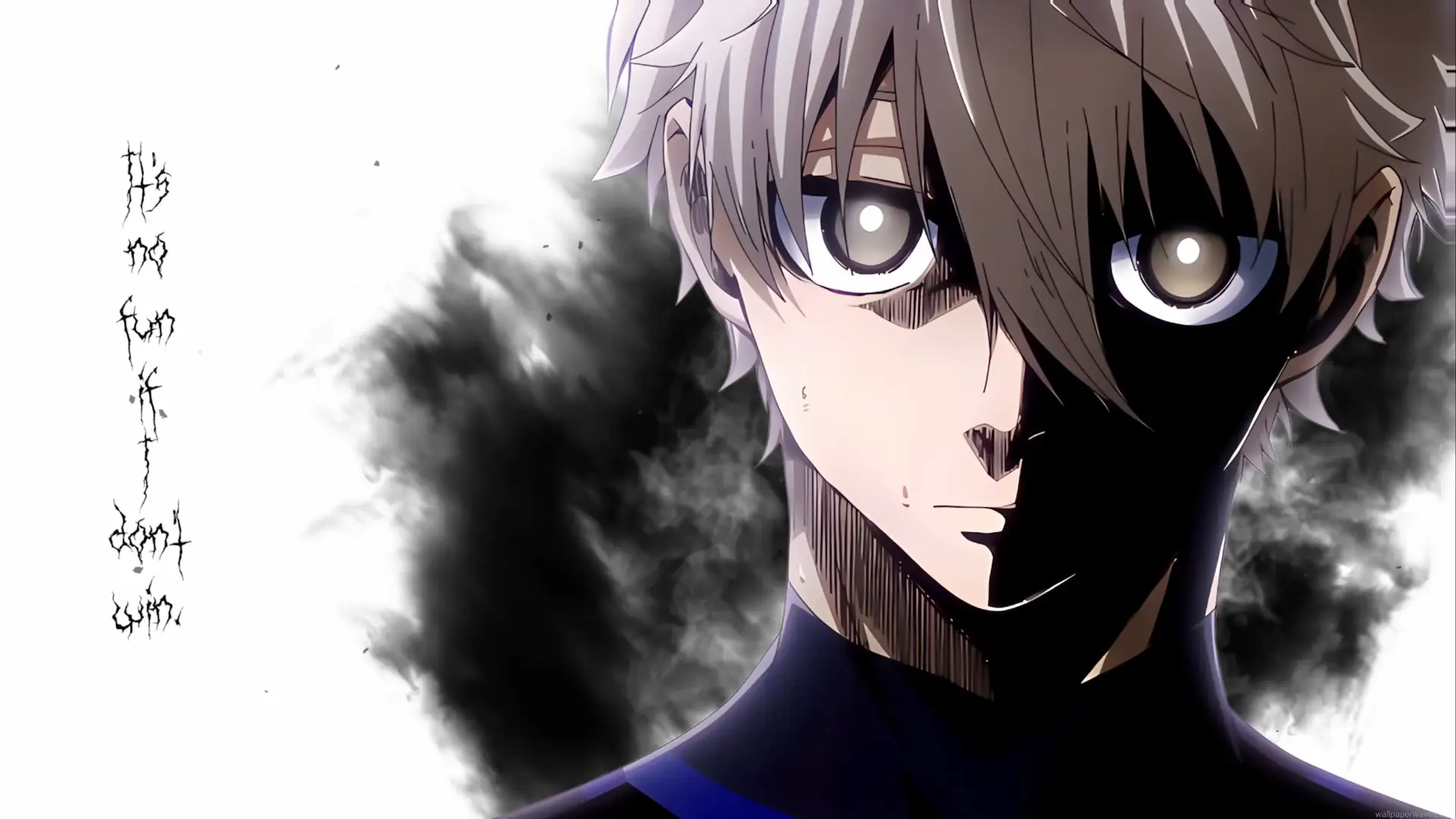 Nagi Seishiro from Blue Lock anime in an intense close-up featuring messy silver-white hair, piercing gray eyes, dramatic black shadows covering half his face, a dark Blue Lock uniform, and swirling black smoke against a white background live wallpaper