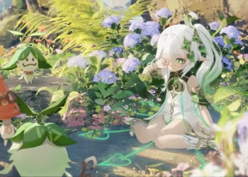 Nahida Genshin Impact Flower Garden Live Wallpaper 5 Nahida from Genshin Impact sitting in a sunlit flower garden surrounded by adorable Aranara creatures, purple hydrangeas, pink blossoms, and lush green foliage, wearing her white and green Dendro Archon outfit with silver hair and bright green eyes live wallpaper