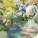 Nahida Genshin Impact Flower Garden Live Wallpaper 10 Nahida from Genshin Impact sitting in a sunlit flower garden surrounded by adorable Aranara creatures, purple hydrangeas, pink blossoms, and lush green foliage, wearing her white and green Dendro Archon outfit with silver hair and bright green eyes live wallpaper