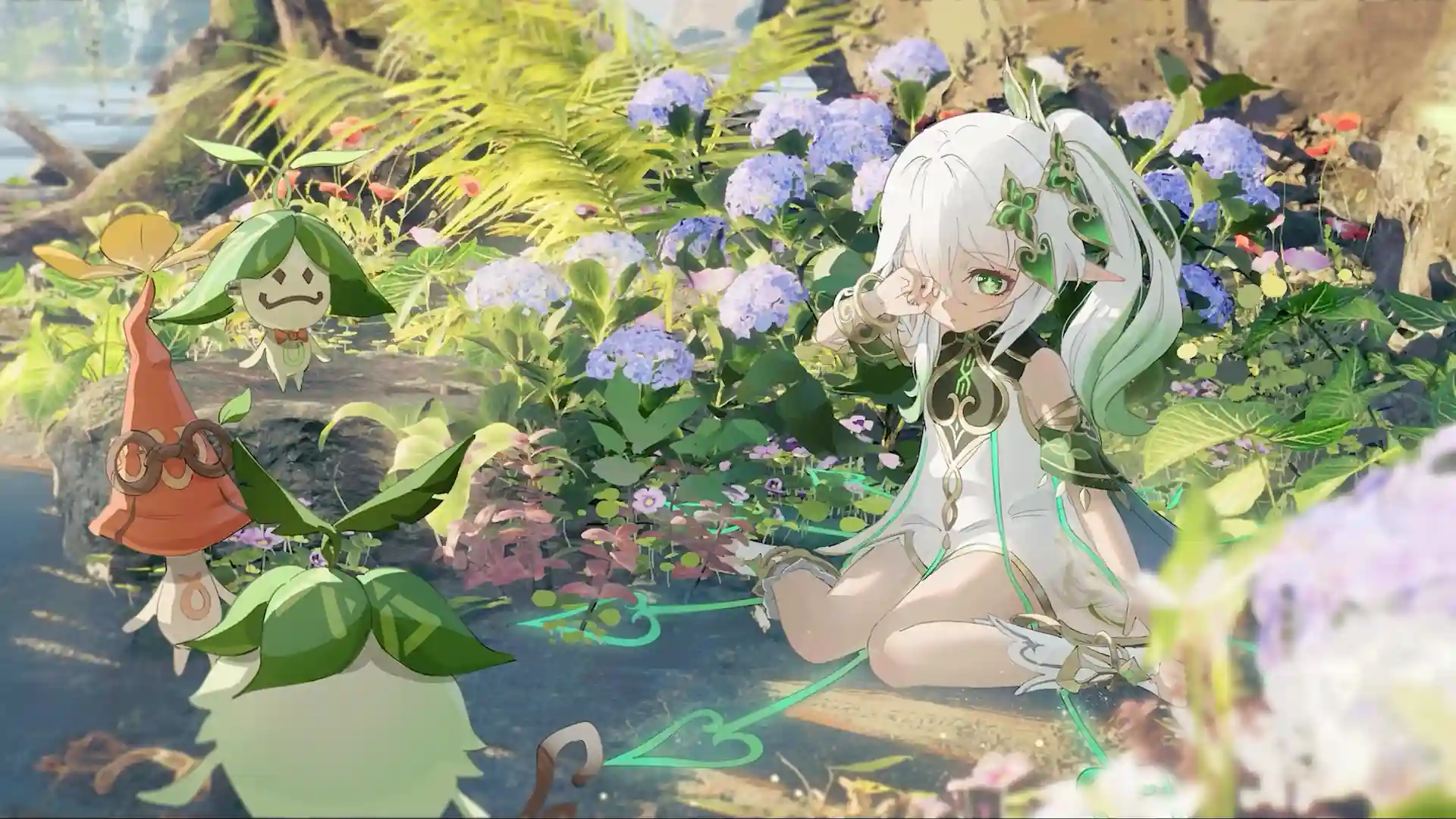Nahida from Genshin Impact sitting in a sunlit flower garden surrounded by adorable Aranara creatures, purple hydrangeas, pink blossoms, and lush green foliage, wearing her white and green Dendro Archon outfit with silver hair and bright green eyes live wallpaper