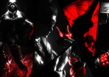 Naraka Bladepoint Dark Warriors Live Wallpaper 3 Naraka Bladepoint dark warriors featured in a dramatic black and white collage with glowing crimson red weapons, traditional armor, a red umbrella, and mysterious masked figures in a cinematic fantasy gaming live wallpaper.