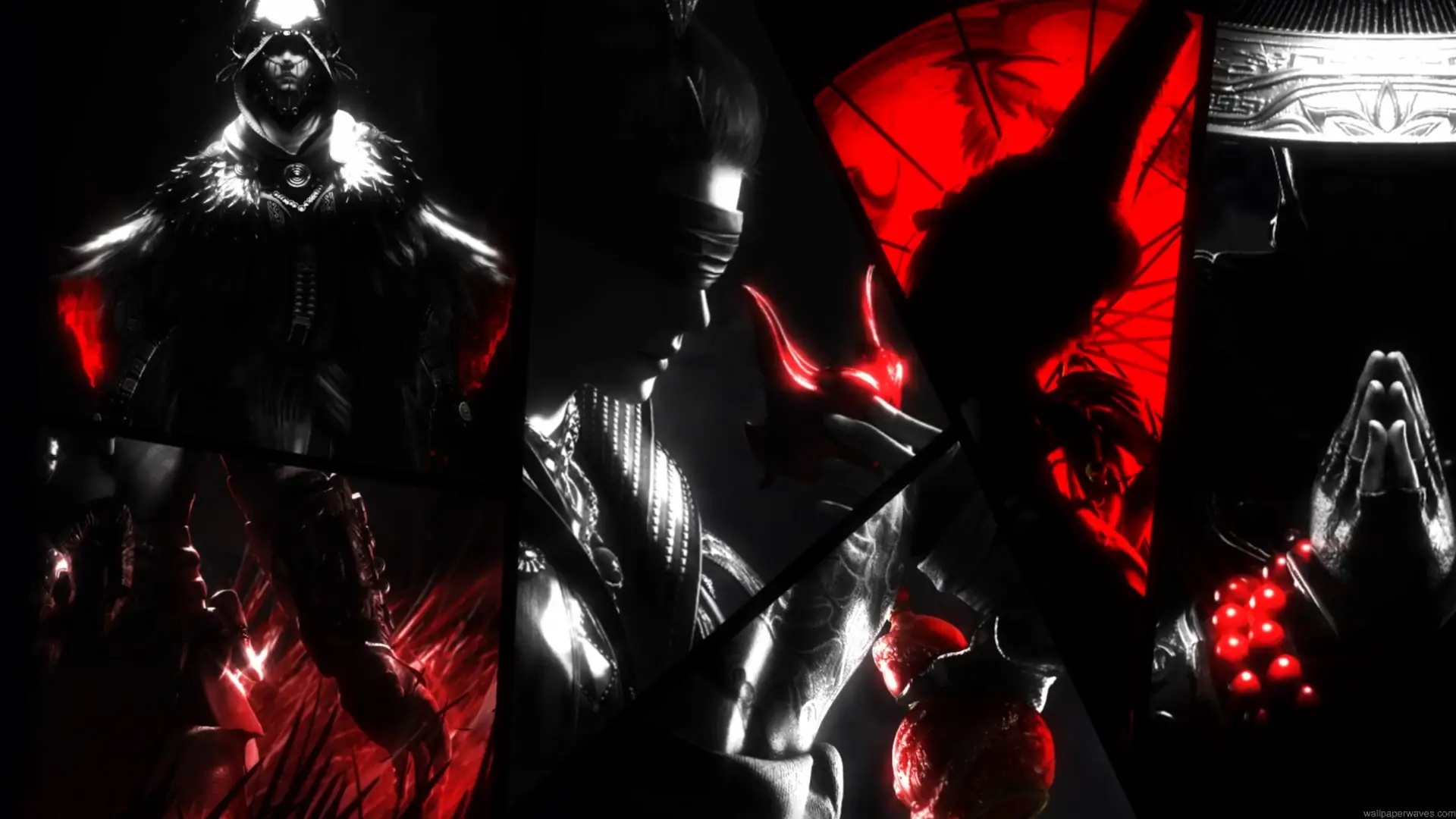 Naraka Bladepoint dark warriors featured in a dramatic black and white collage with glowing crimson red weapons, traditional armor, a red umbrella, and mysterious masked figures in a cinematic fantasy gaming live wallpaper.