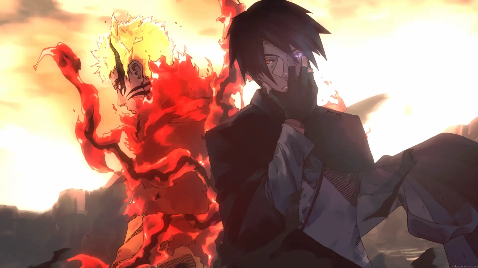 Naruto Uzumaki in Baryon Mode with red chakra beside Sasuke Uchiha using his glowing Rinnegan live wallpaper
